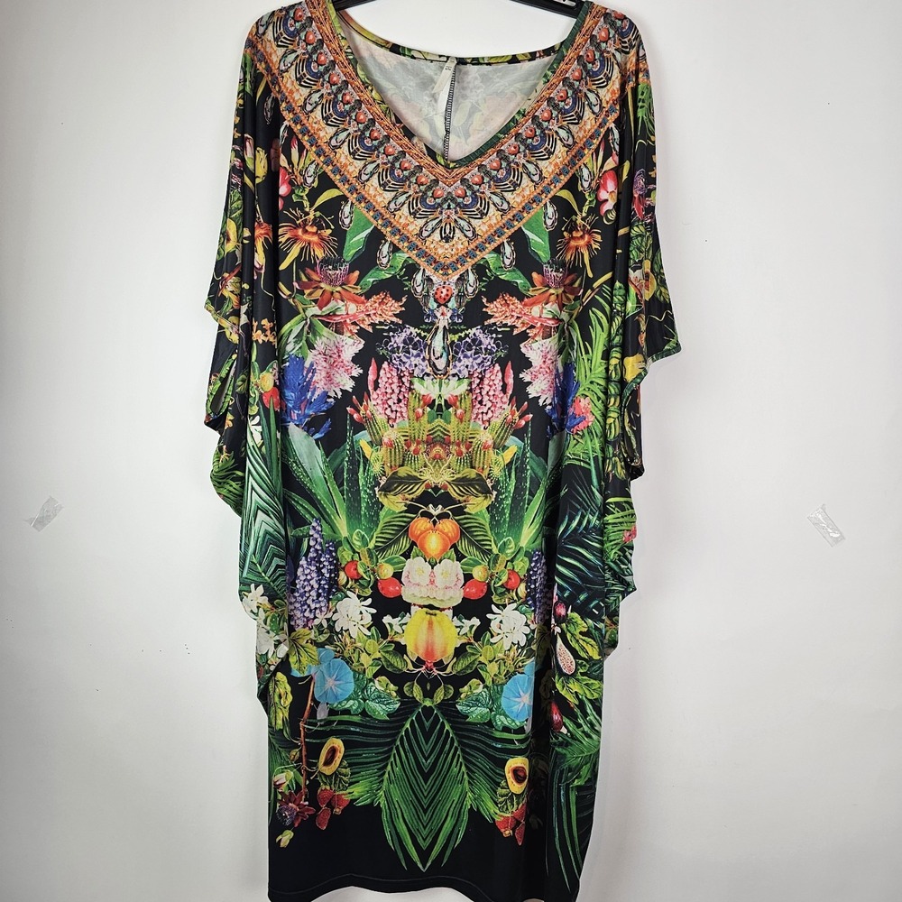 Spicy Sugar Resortwear M Kaftan Dress Floral Tropical Black Green Pullover